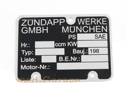 Zündapp CS GTS KS R ZD C Motor Typenschild 198.. 