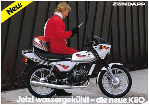 Zündapp "Jetzt wassergekühlt-die neue K80" original Prospekt A4 NEU 