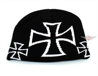 Woll Mütze Beanie Iron Cross Schwarz Weiß 