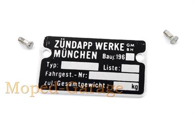 Zündapp Combinette C KS M Bergsteiger Rahmen Typ Schild Typenschild 1960 er 