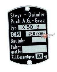 Puch X 50 - 3 Mofa Moped Rahmen Typenschild Typ Schild Original 