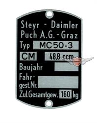 Puch MC 50 - 3 Pionier Mofa Moped Rahmen Typenschild Typ Schild Original 